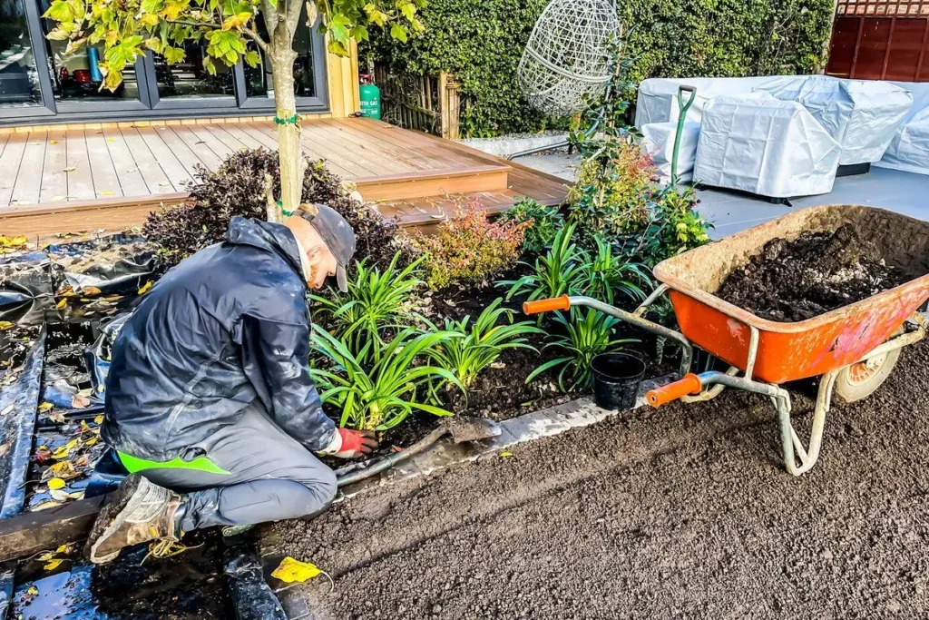 Tom Rudd planting shrubs and lilies into a new bed beside composite decking