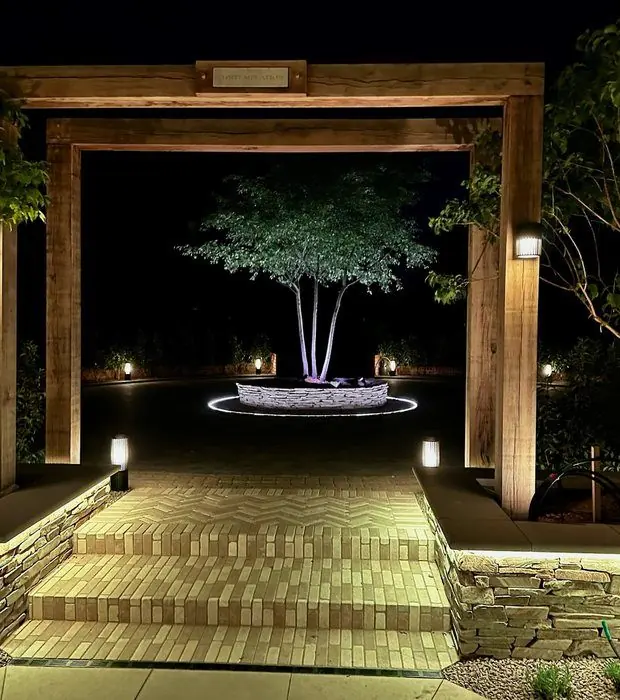 Night view through a lit oak pergola down LED-lit herringbone steps to an uplit multi-stem tree
